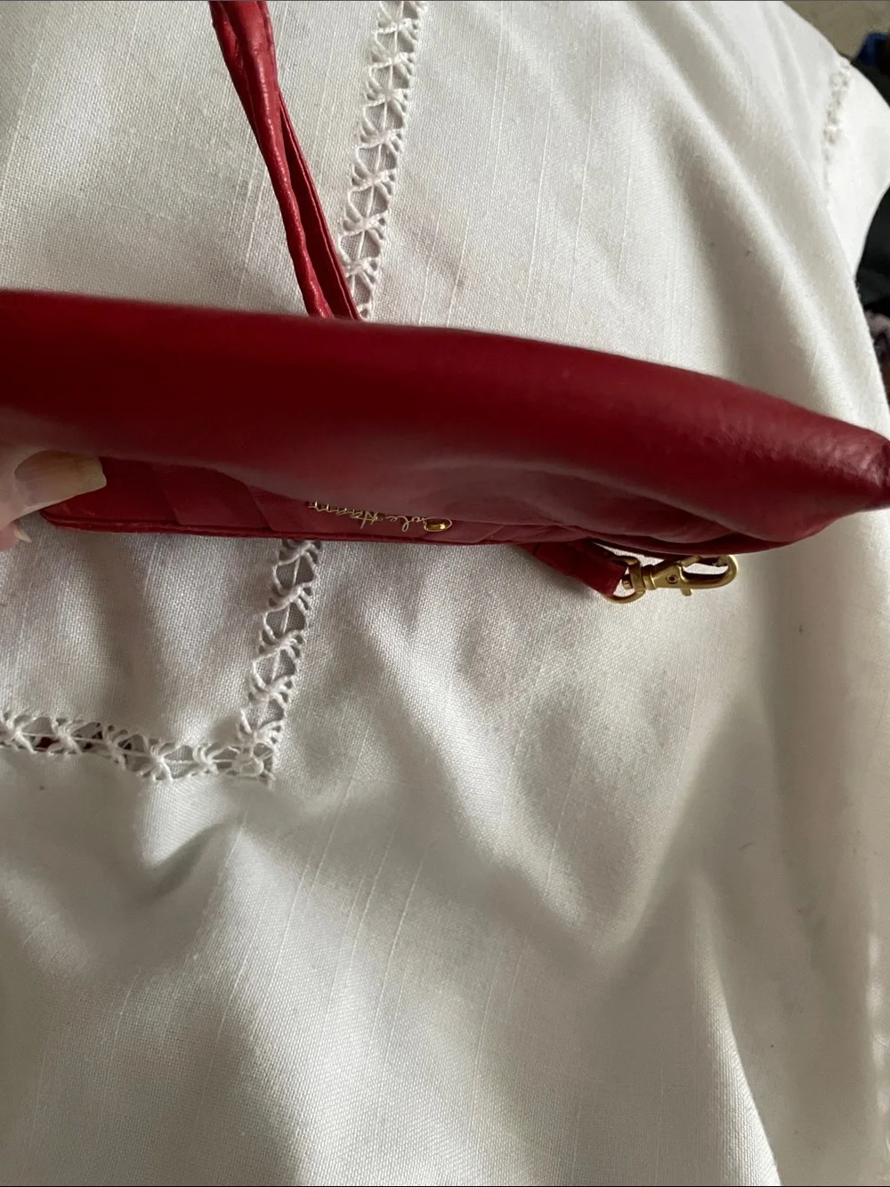 Cole Haan Red Leather Wristlet Clutch with Gold Logo EUC